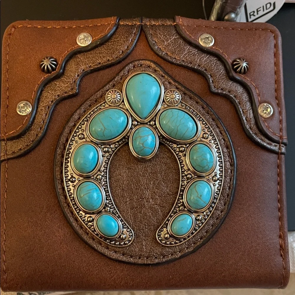 Justin Boots Brown Wallet with Turquoise Accents - Picture 3 of 6